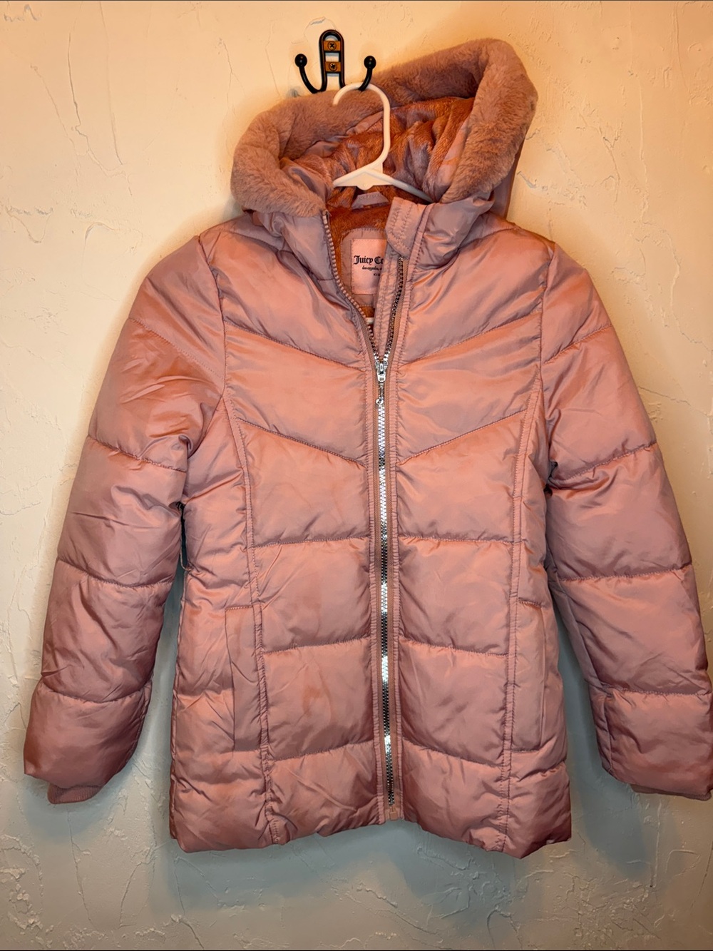 Juicy Couture Dusty Rose Puffer Coat with Faux-Fur Hood